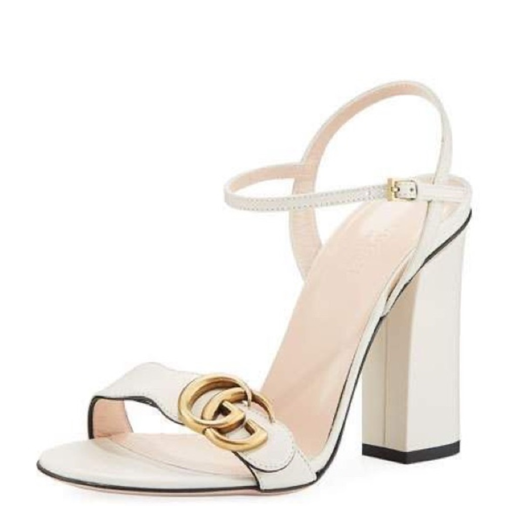 Gucci White and Gold Block Heel Sandals